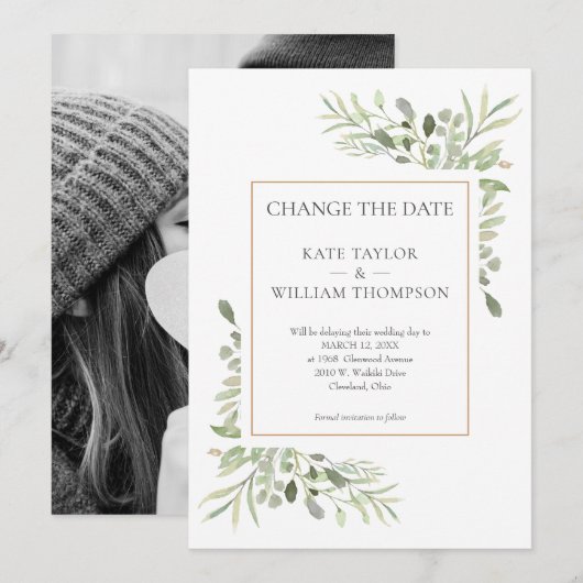 Modern Wijzig de datum Aquarel Groen Foto Kaart (Voorkant / Achterkant)