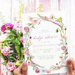 Modern Wild Flowers Wreator Baby shower Invitation Kaart