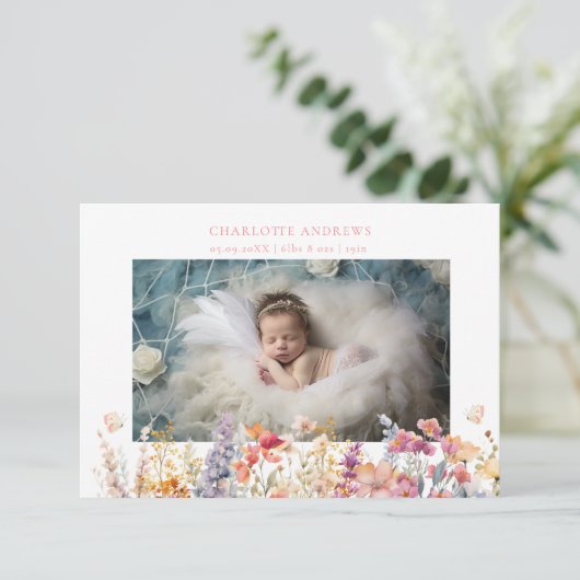 Modern, Wildflower, 2 foto Nieuwe Baby Dank u Bedankkaart (Staand voorkant)