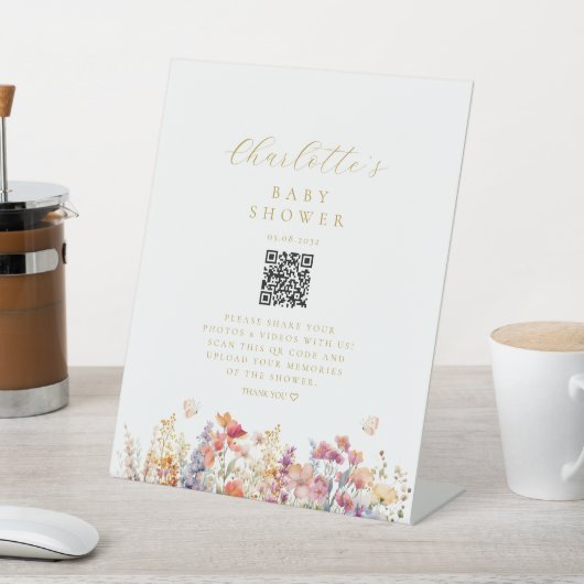 Modern, Wildflower, Baby shower, QR-code Reclamebord Met Voetstuk (Insitu)