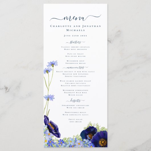 Modern Wildflower Blauw Bruiloft Menu (Voorkant)