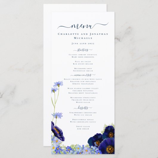Modern Wildflower Blue Boho Wedding Menu (Voorkant / Achterkant)