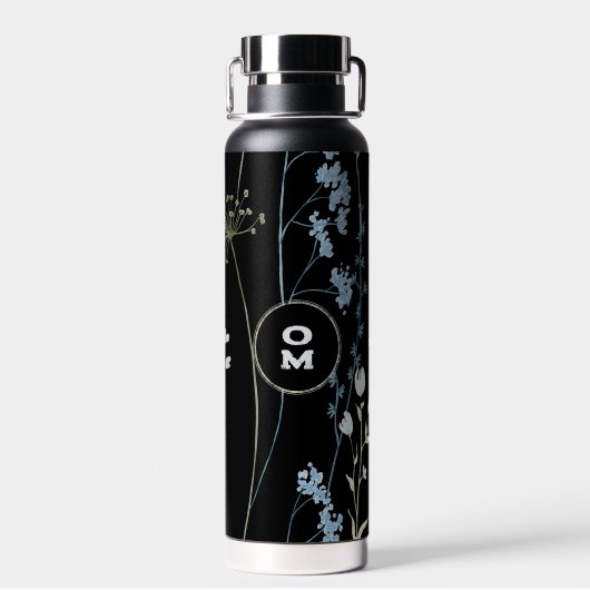 Modern Wildflower Monogram Zwart Lichtblauw Groot Waterfles (Achterkant)