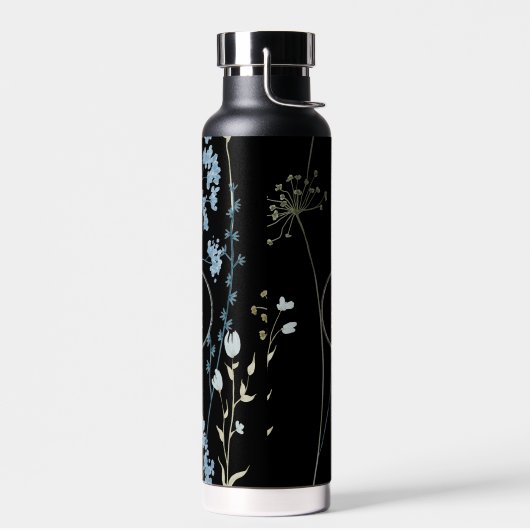 Modern Wildflower Monogram Zwart Lichtblauw Groot Waterfles (Links)