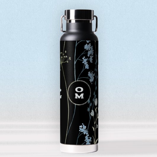Modern Wildflower Monogram Zwart Lichtblauw Groot Waterfles