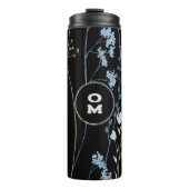 Modern Wildflower Monogram Zwart Lichtblauw Thermosbeker (Voorkant)