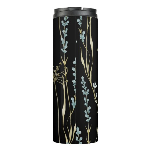 Modern Wildflower Monogram Zwart Lichtblauw Thermosbeker (Achterkant)