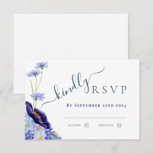 Modern Wildflower Waterverf Blauw Bruiloft Antwoor RSVP Kaartje