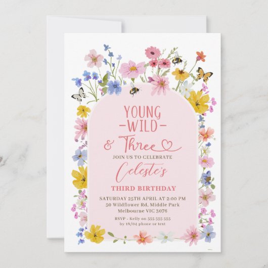 Modern Wildflower Young Wild Three 3rd Birthday Kaart (Voorkant)