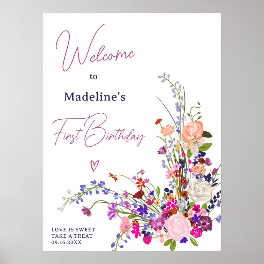 Modern wildflowers script 1e verjaardag welkom poster (Voorkant)