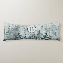 Modern Winter Green Pine Forest Family Monogram Lichaamskussen