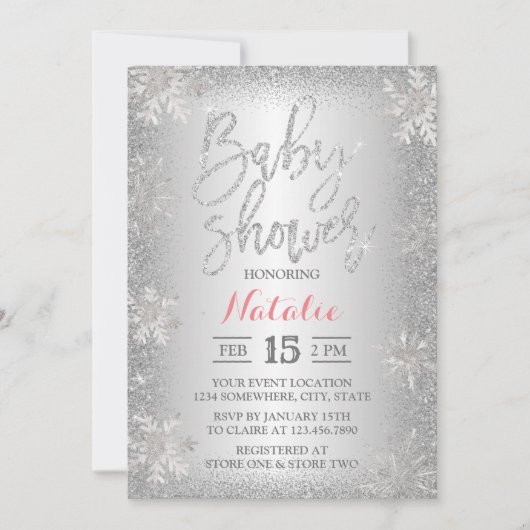 Modern Winter Silver Snowflake Baby shower Kaart (Voorkant)