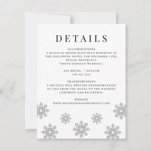 Modern Winter Snowflake Wedding Details Card RSVP Kaartje (Voorkant)