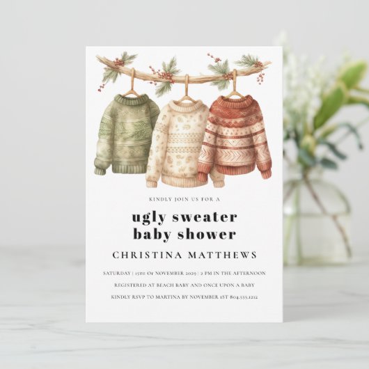 Modern Winter Ugly Sweater Baby shower Uitnodiging (Staand voorkant)