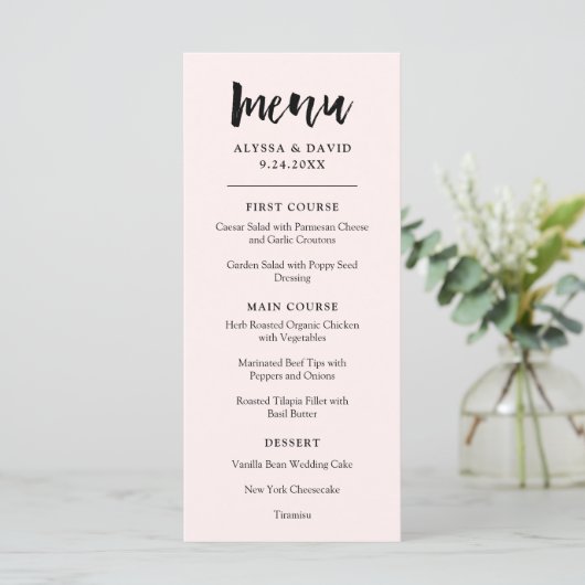 Modern Wish | Blush roze bruiloft Menu (Staand voorkant)