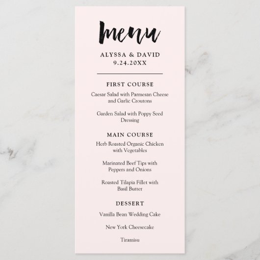 Modern Wish | Blush roze bruiloft Menu (Voorkant)