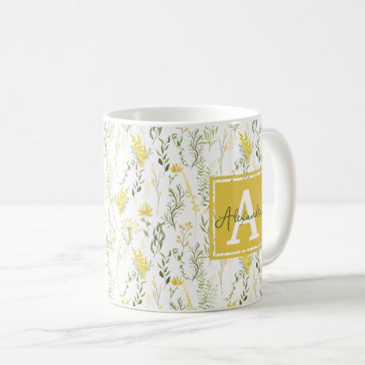 Modern Wispy Yellow Wilde bloemen Floral Monogram Koffiemok (Voorkant rechts)