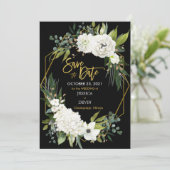 Modern wit bloemenfluweel zwart goud geometrisch save the date (Staand voorkant)