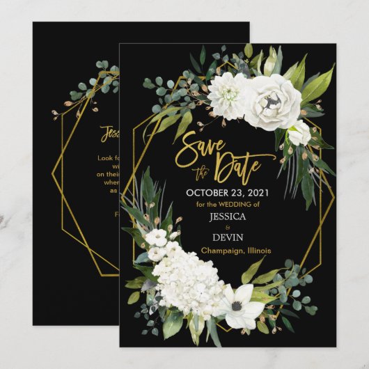 Modern wit bloemenfluweel zwart goud geometrisch save the date (Voorkant / Achterkant)