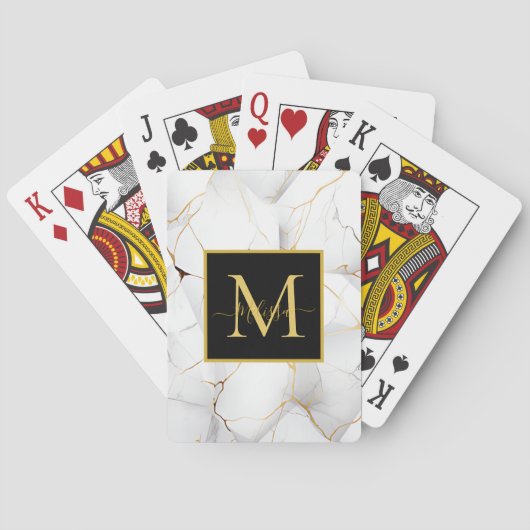 Modern wit en goud gemarmerd Monogram Naam Pokerkaarten (Achterkant)
