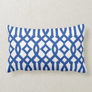 Modern wit en koninklijk blauw trellis patroon kussen