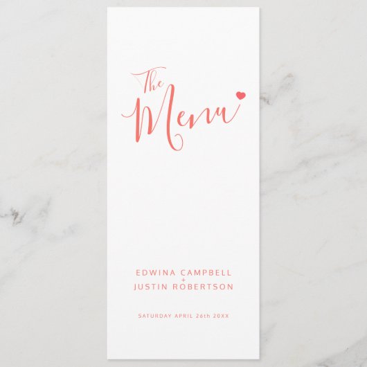 Modern wit en koraal script eenvoudig trouwmenu menu (Voorkant)
