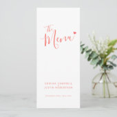 Modern wit en koraal script eenvoudig trouwmenu menu (Staand voorkant)