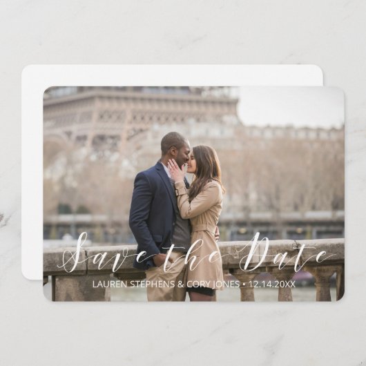 Modern wit en zwart script save the date (Voorkant / Achterkant)