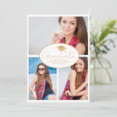 Modern Wit Goud 3-foto Afstuderen Aankondiging (Staand voorkant)