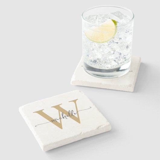 Modern Wit Goud Aangepaste Monogram Naam Script Stenen Onderzetter (Zijkant)