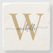 Modern Wit Goud Aangepaste Monogram Naam Script Stenen Onderzetter (Voorkant)