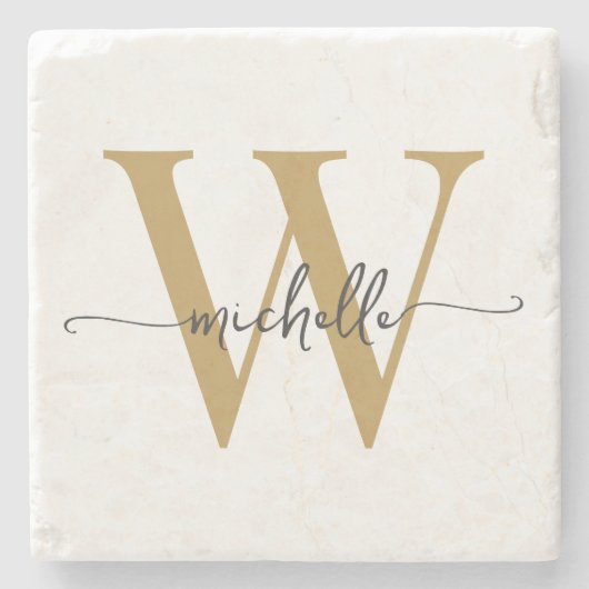 Modern Wit Goud Aangepaste Monogram Naam Script Stenen Onderzetter (Voorkant)
