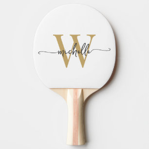 Modern Wit Goud Aangepaste Monogram Naam Script Tafeltennisbatje