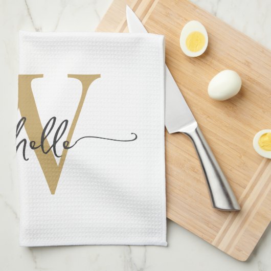 Modern Wit Goud Aangepaste Monogram Naam Script Theedoek (Quarter Fold)
