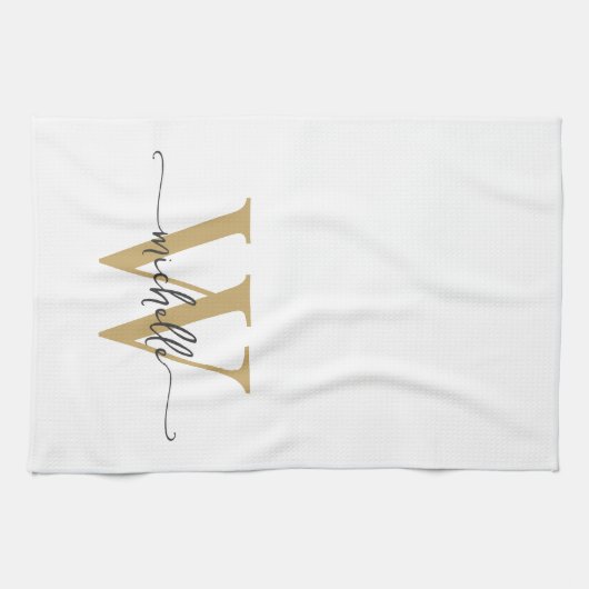 Modern Wit Goud Aangepaste Monogram Naam Script Theedoek (Horizontaal)