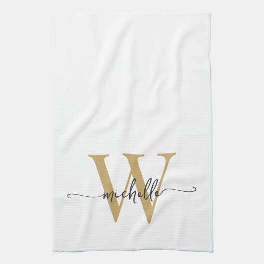 Modern Wit Goud Aangepaste Monogram Naam Script Theedoek (Verticaal)