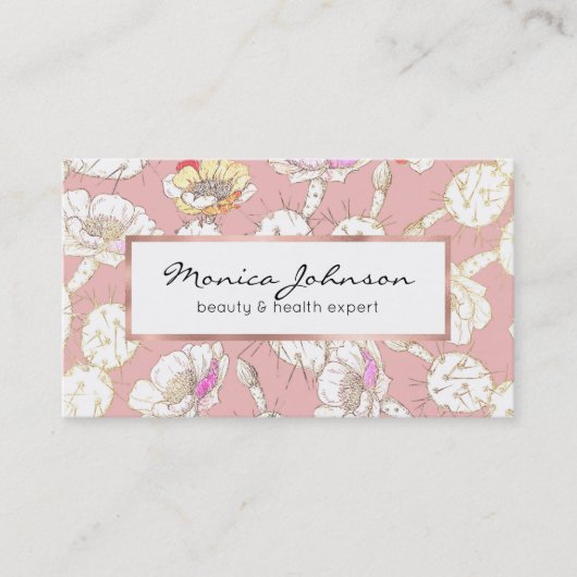 Modern Wit Goud Blush Roze Cactus Bloemen Patroon Visitekaartje (Voorkant)