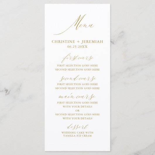 Modern Wit Goud Elegant Script Bruiloft Menu (Voorkant)
