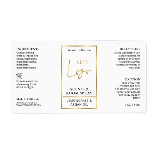 Modern Wit & Goud Logo Room Spray Flessenlabel Etiket (Voorkant)
