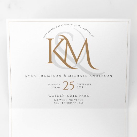 Modern wit goud monogram alles in één bruiloft drieluik uitnodiging (Binnenzijde eerst)