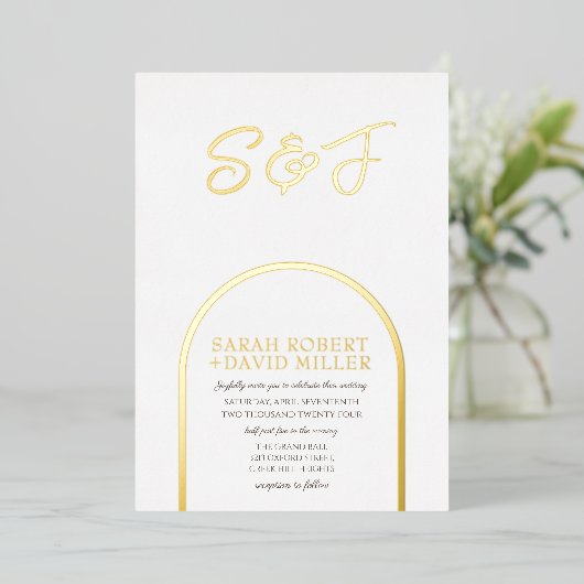 Modern wit gouden classy minimale bruiloft folie uitnodiging (Staand Voorkant)