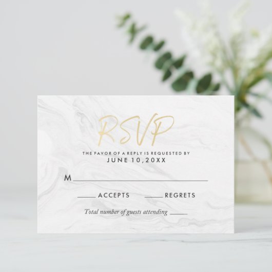 Modern wit marmer goud script | Bruiloft RSVP (Staand voorkant)