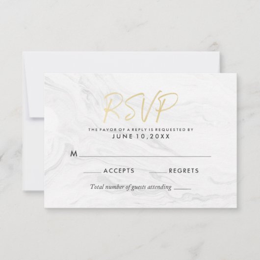 Modern wit marmer goud script | Bruiloft RSVP Kaartje (Voorkant)