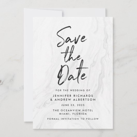 Modern wit marmer script bewaar de datum save the date (Voorkant)