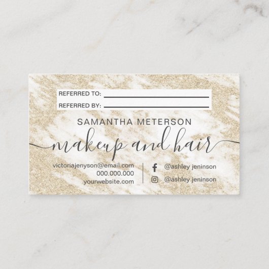 Modern wit marmeren haar make-up goud glitter aanbevelingskaartje (Achterkant)