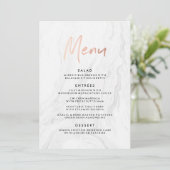 Modern Wit Marmeren Roze Gouden Script Bruiloftsme Menu (Staand voorkant)