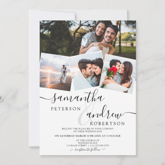 Modern wit, minimalistisch script 4 foto's bruilof kaart (Voorkant)