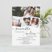 Modern wit, minimalistisch script 4 foto's bruilof kaart (Staand voorkant)