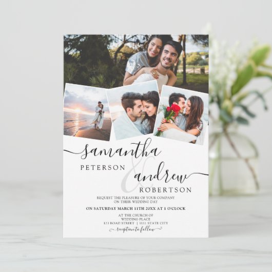 Modern wit, minimalistisch script 4 foto's bruilof kaart (Staand voorkant)