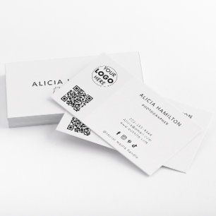 Modern Wit QR-code & Logo Minimalistisch Visitekaartje